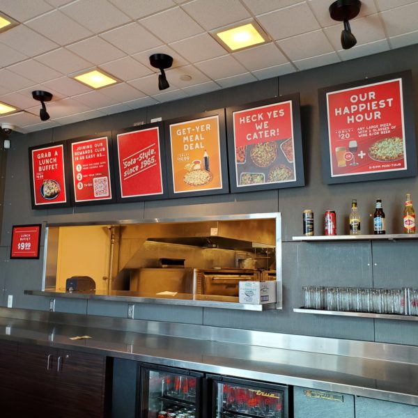 Custom Menu Insert Signs - Red's Savoy Pizza indoor sign